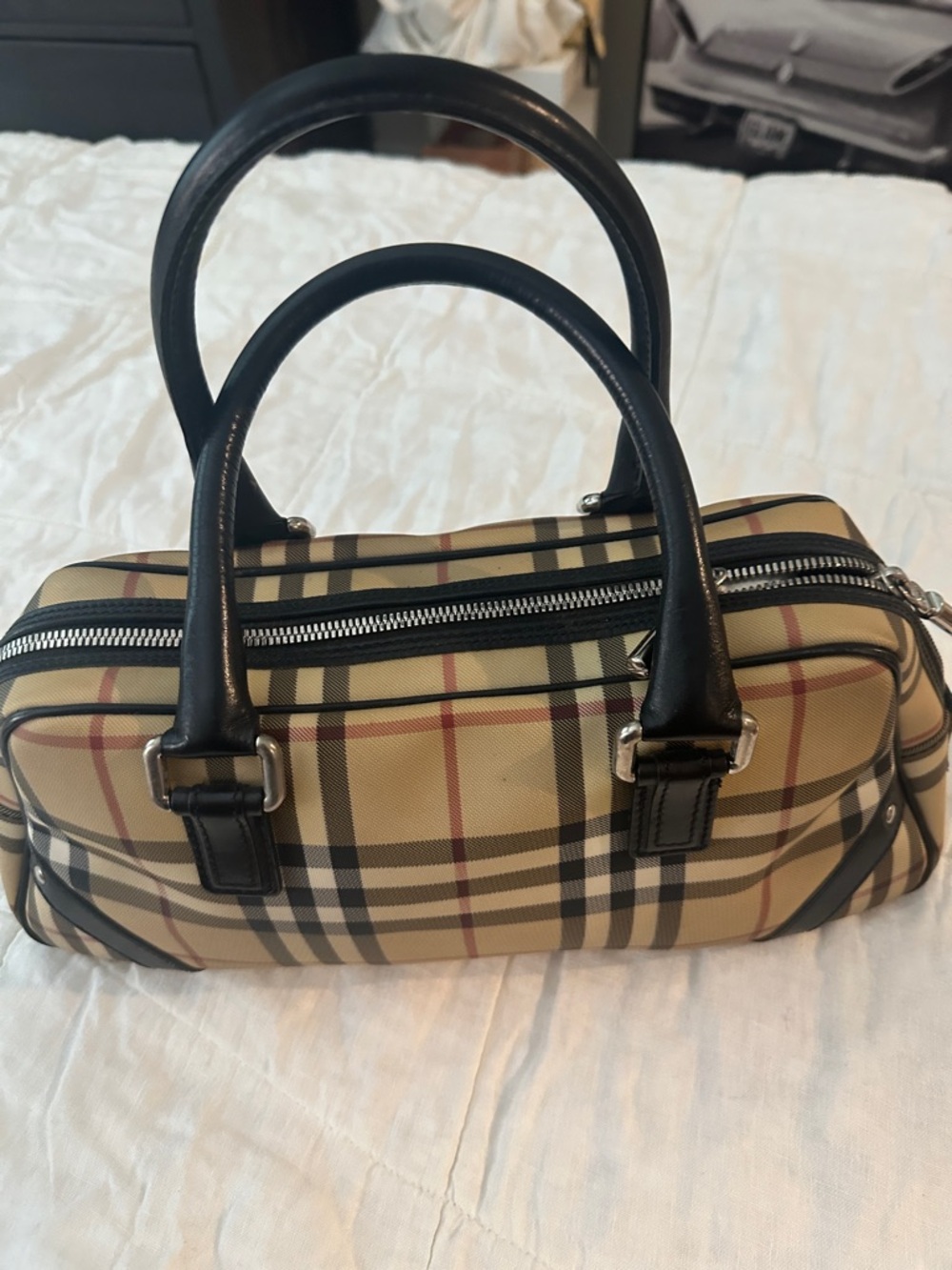Burberry Tan Plaid Satchel with Black Trim